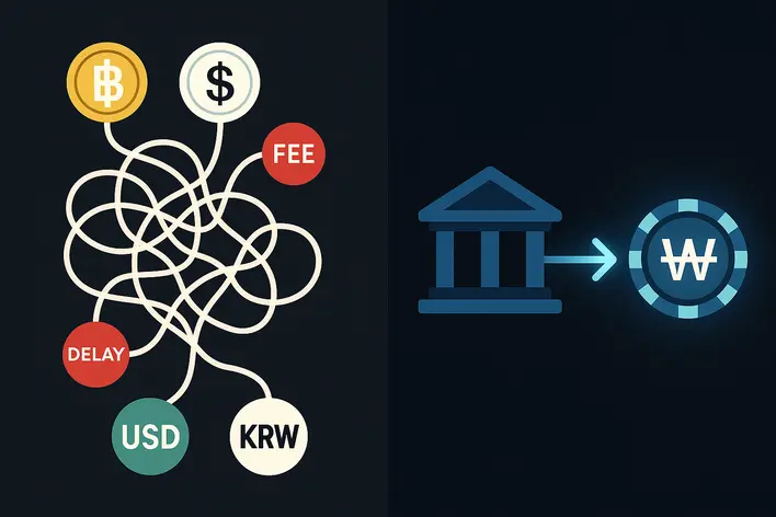 To visually represent the convenience of using Korean Won for deposits and withdrawals, contrasting it with the complexity of currency exchange.