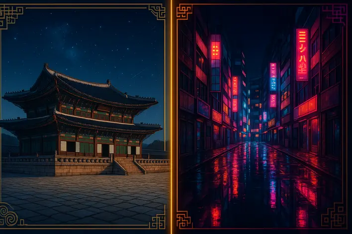 To visually represent the diverse and exciting themes of the Korean slot games available, specifically contrasting a historical theme with a modern nightlife theme.