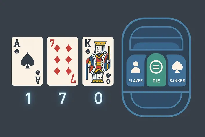 An illustrative image to clarify the basic rules of Baccarat, showing how cards are valued and the three main betting options (Player, Banker, Tie).