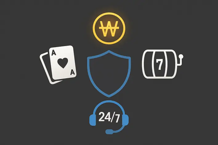 To visually represent the key criteria for selecting a good Korean baccarat website: financial reliability (KRW), game variety, and 24/7 support.