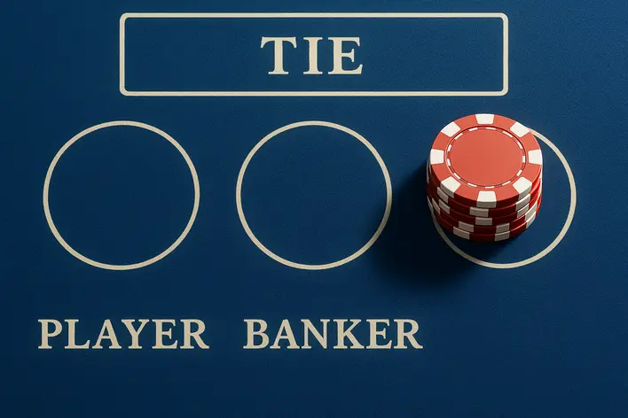 To illustrate the main betting options on a Baccarat table, clearly showing the areas for 'Player', 'Banker', and 'Tie' bets.