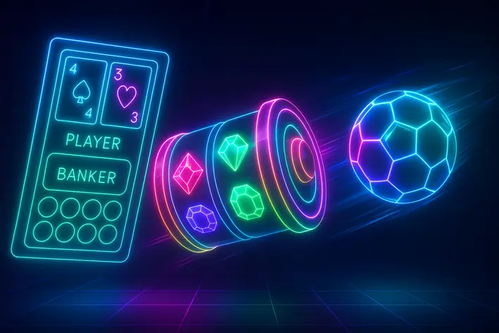 To illustrate the exciting variety of games (Baccarat, Slots, Sports Betting) offered by platforms like Ufakorea888 in a modern, high-tech style.