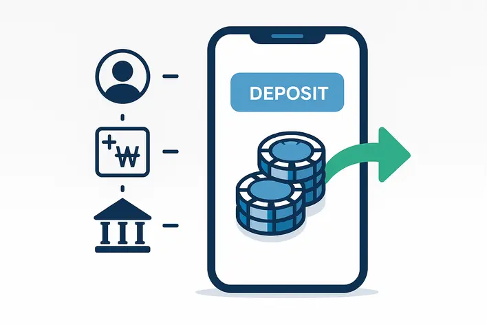 To visually explain the simple, step-by-step process of depositing Korean Won into an online casino account, highlighting the ease and speed of the automated system.