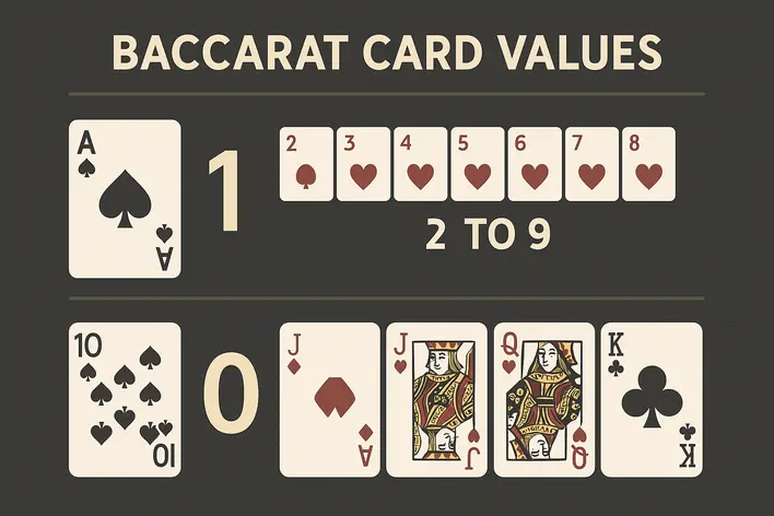 To visually explain the fundamental rule of Baccarat card values in a clear, easy-to-understand infographic style.