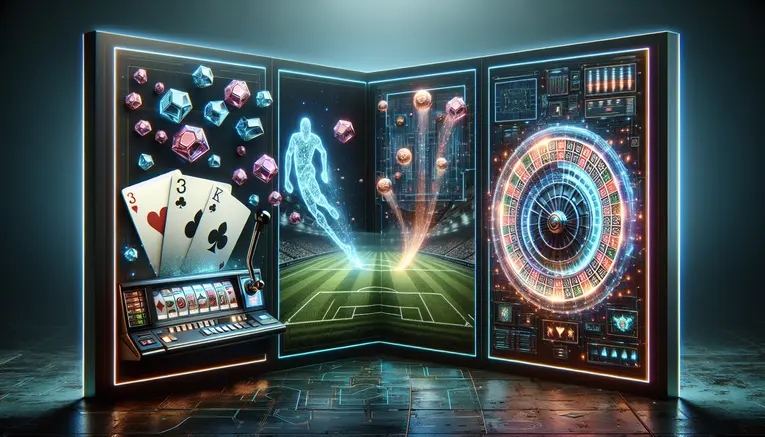 To visually represent the three main types of games offered (Baccarat, Slots, Football Betting) in a single, cohesive image, emphasizing variety.
